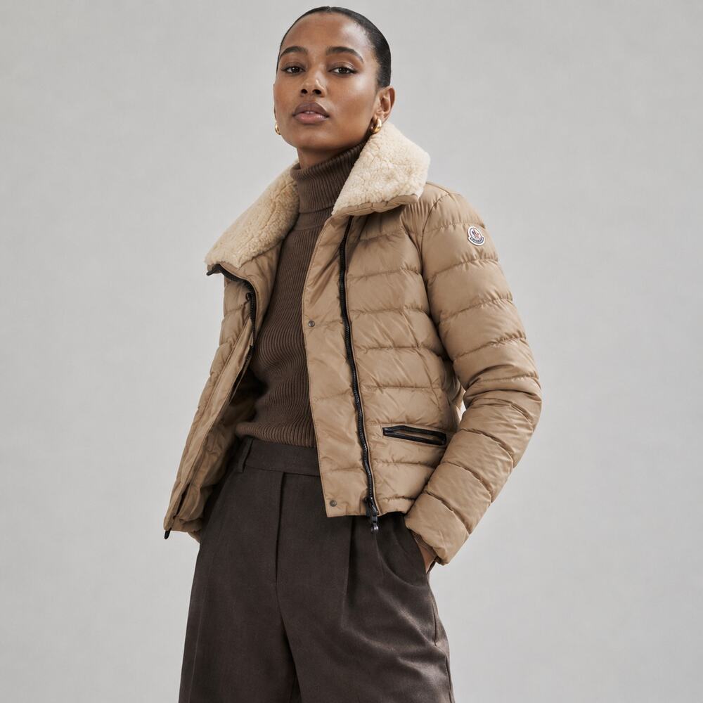 Moncler Frene Down Puffer Sheep Fur Shearling Short Jacket Womens 3 Beige Zip